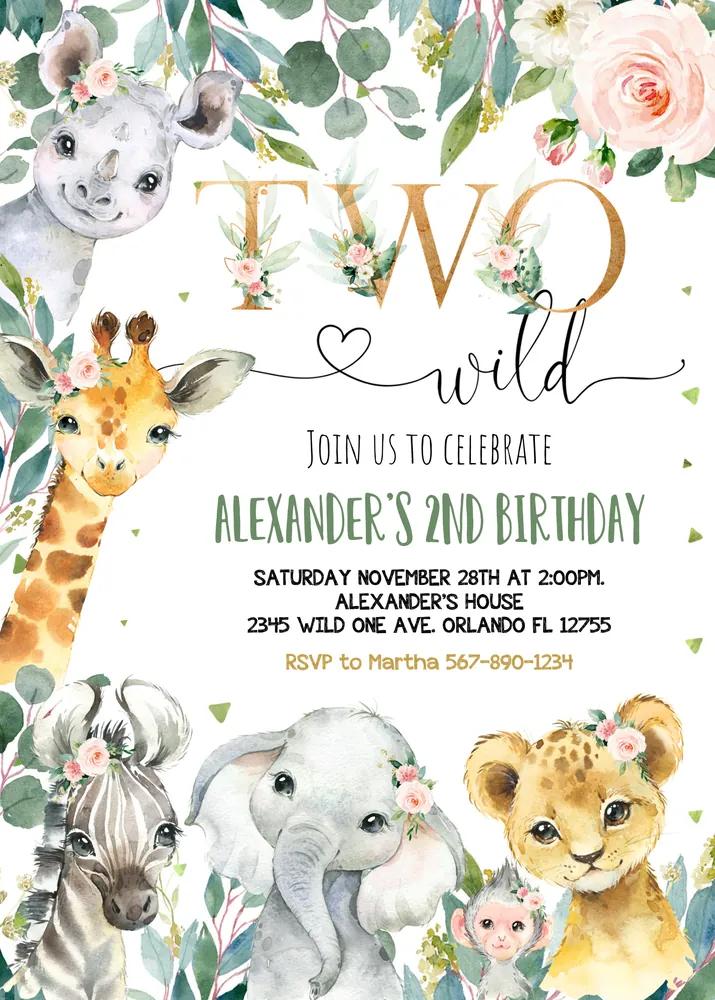 Two Wild Safari Birthday Invitation Girl, 2nd Jungle Animals Canva Template