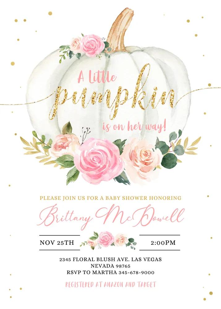 Pumpkin Baby Shower Invitation - Floral Pink and Gold Girl Little Pumpkin Canva