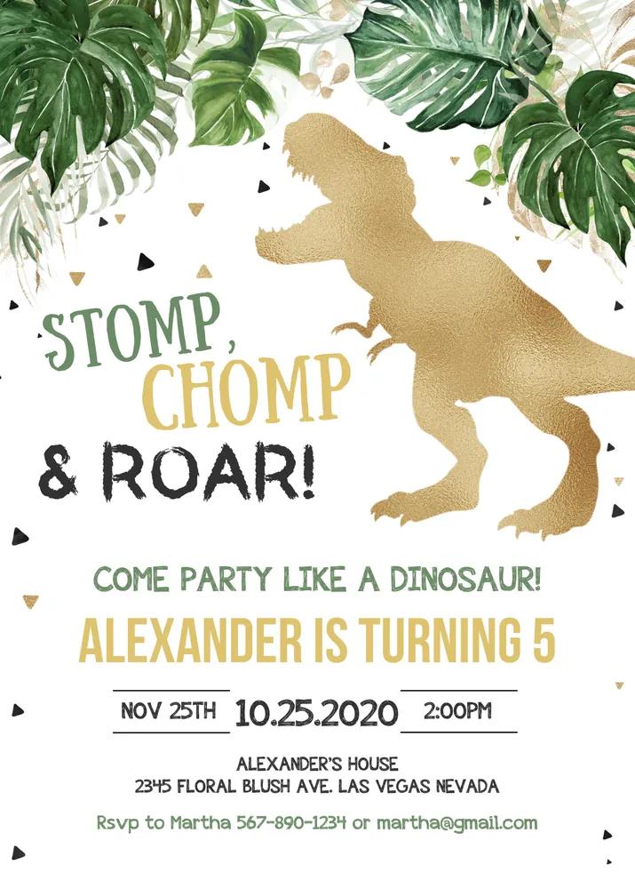 Dinosaur Birthday Invitation Canva Template | Gold T-Rex Editable Digital Invite