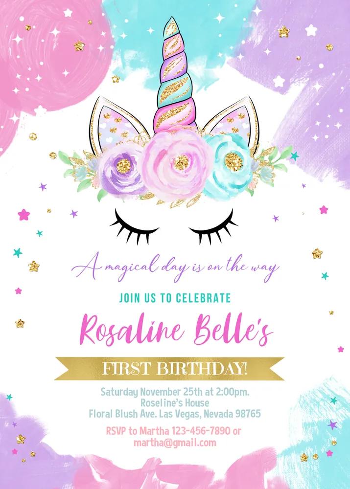 Editable Unicorn Birthday Invitation - Magical Gold Girl Party Canva Template