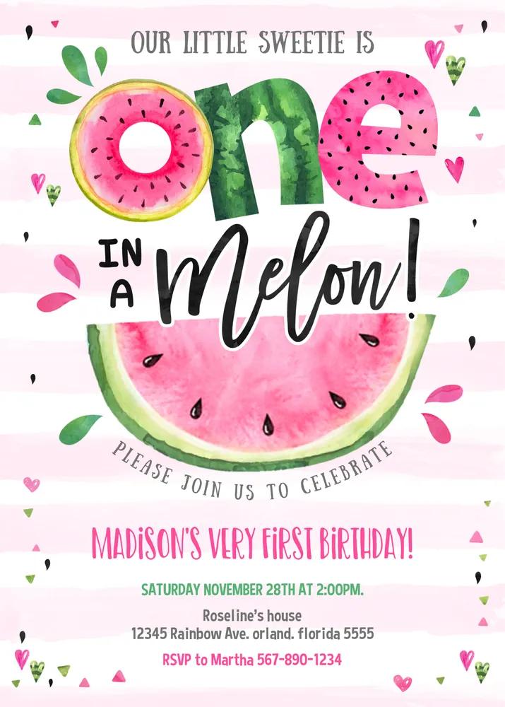 Pink Watermelon 1st Birthday Invitation | One in a Melon Canva Template