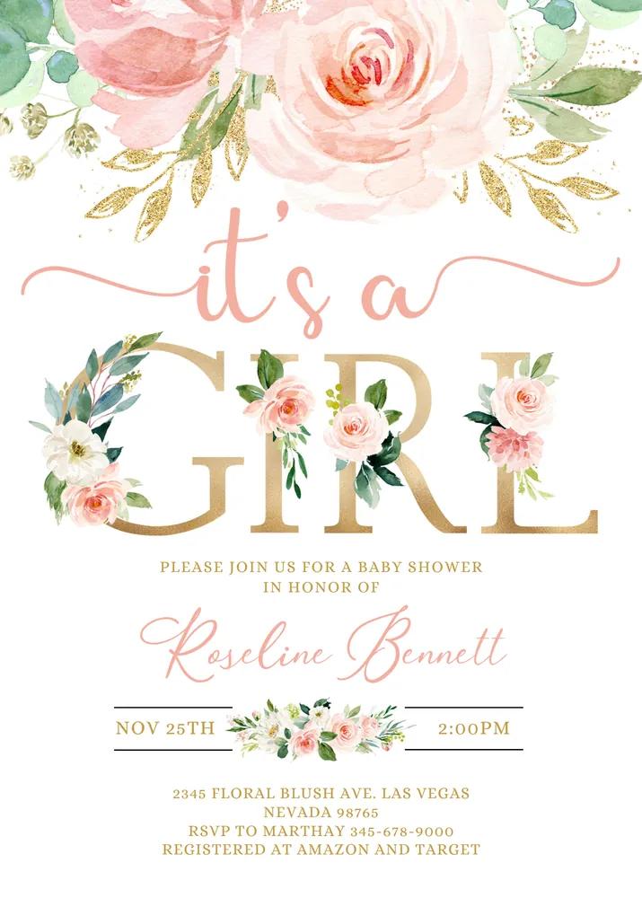 Blush Pink Floral Girl Baby Shower Invitation Canva Template - Editable Printable