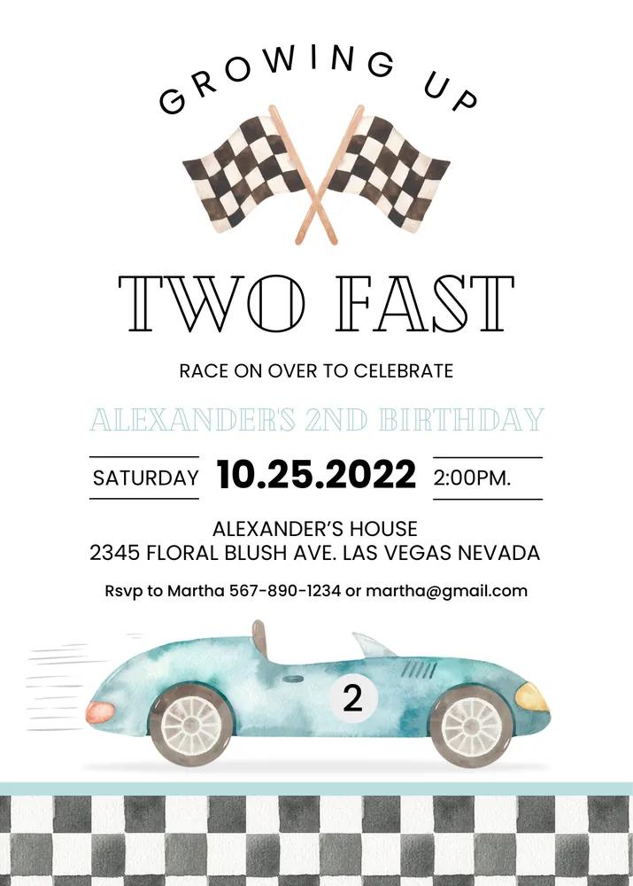 Two Fast Race Car 2nd Birthday Invitation Canva Template Vintage Racing