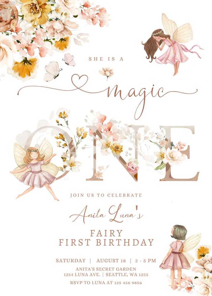 Fairy 1st Birthday Invitation Template, Butterfly Garden Wildflower Canva Invite