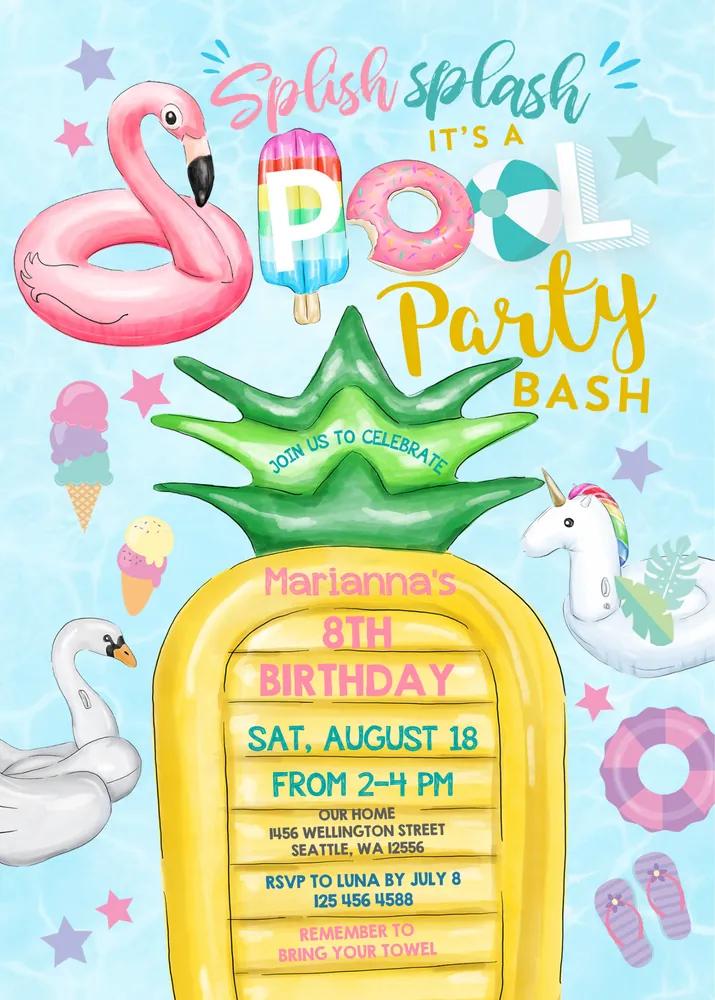 Unicorn Pool Party Invitation | Editable Canva Template Birthday Invite