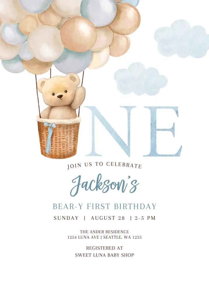 1st Birthday Boy Teddy Bear Hot Air Balloon Invitation Canva Template