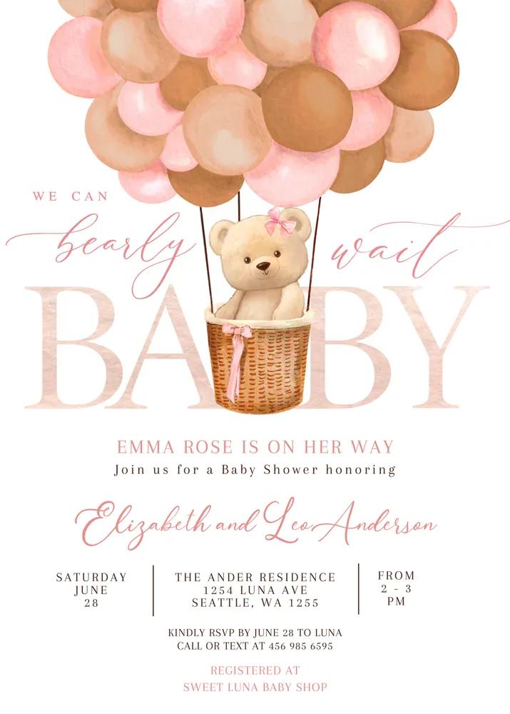 Pink Tan Teddy Bear Hot Air Balloon Baby Shower Invitation Canva Template