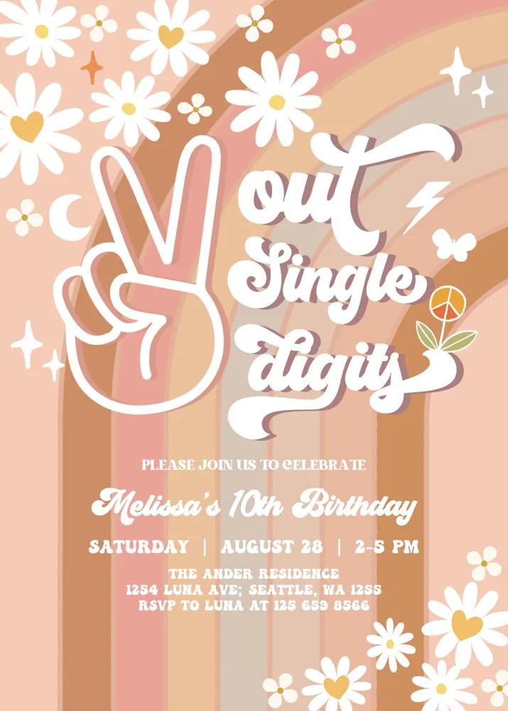Peace Out Single Digits Birthday Invitation Fall Groovy 10th Birthday Canva