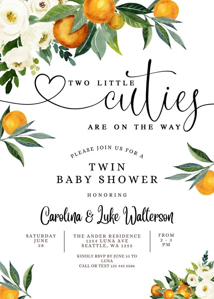 Twins Two Little Cuties Baby Shower Invitation Canva Template Greenery Orange
