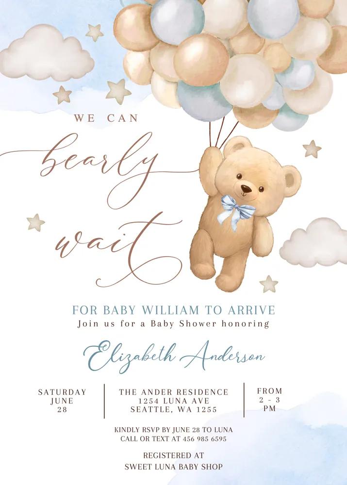 Blue We Can Bearly Wait Teddy Bear Baby Shower Invitation Canva Template