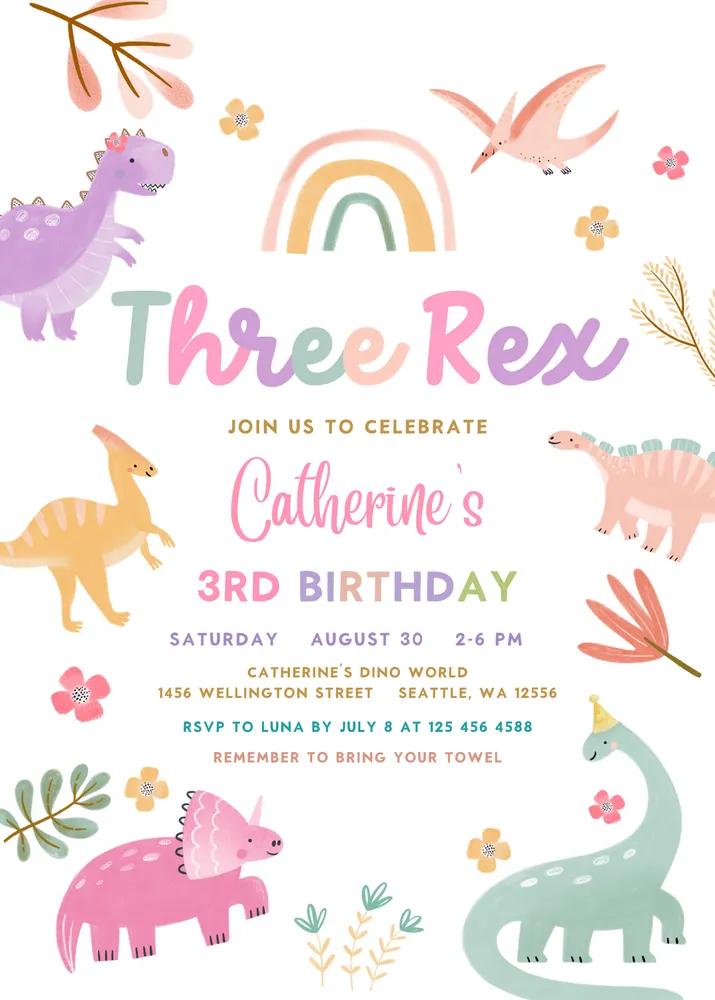 Three Rex Birthday Invitation | Girl Pink Purple Dino Invite Canva Template