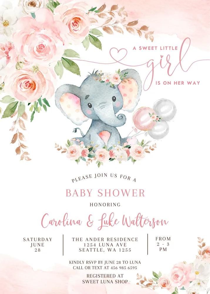 Blush Pink & Rose Gold Elephant Baby Shower Invitation - Editable Canva Template