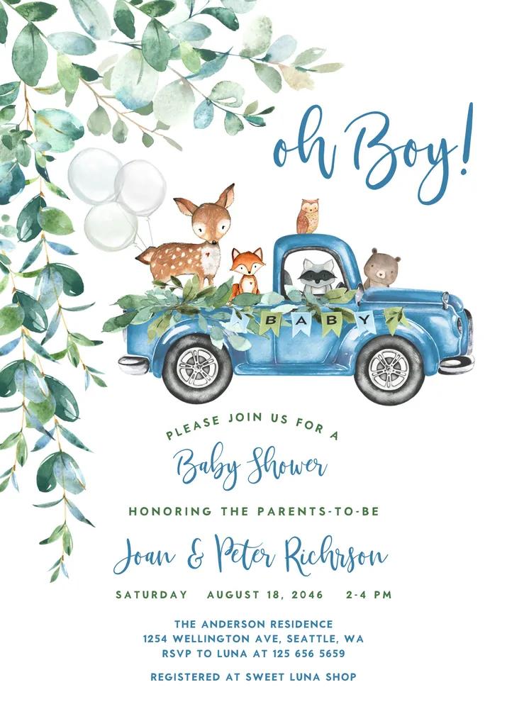 Woodland Blue Truck Baby Shower Invitation Canva Template Boy Bear