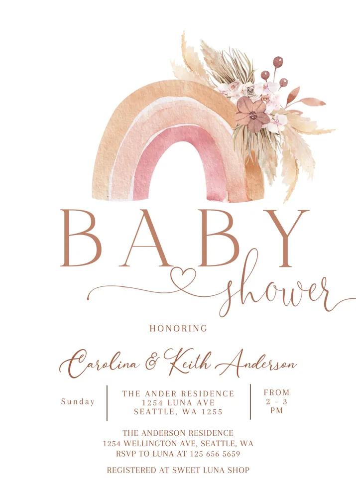 Boho Rainbow Baby Shower Invitation Pink Pampas Grass Canva Template