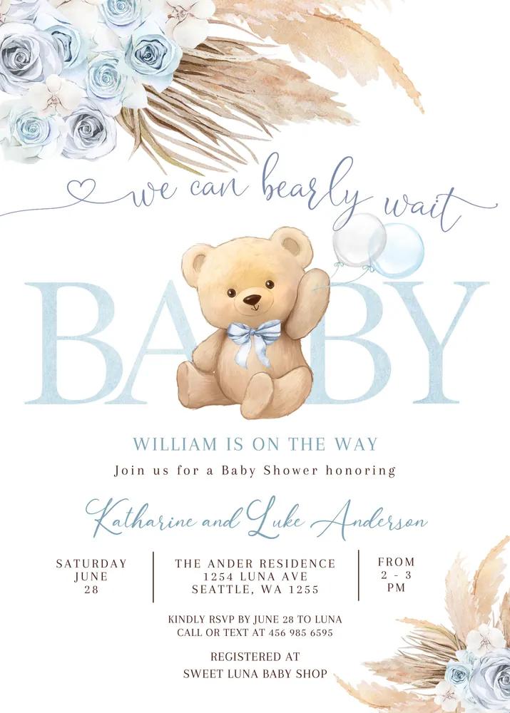 Blue Pampas We Can Bearly Wait Teddy Bear Baby Shower Canva Invitation