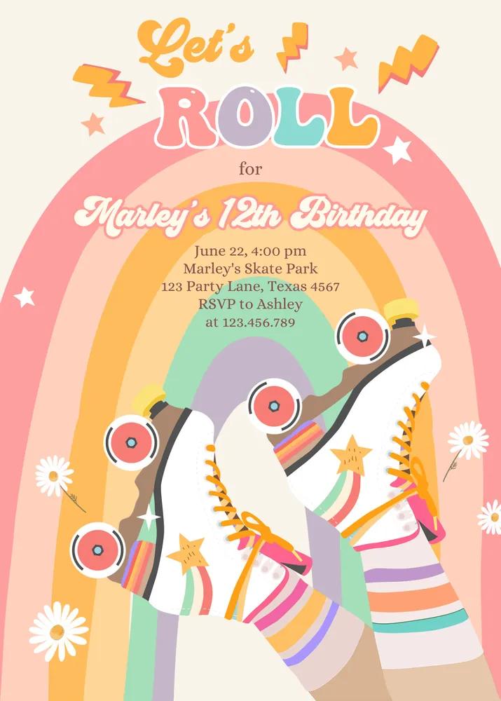 Retro Roller Skate Birthday Party Invitation | Editable Canva Template