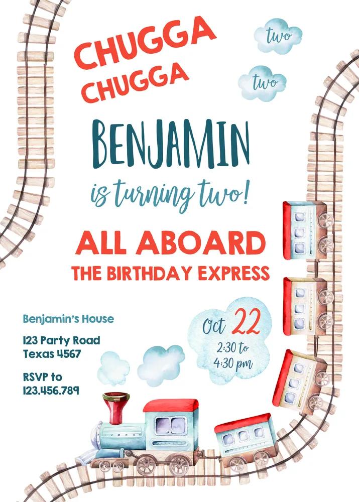 Chugga Chugga Two Two Train Birthday Invitation Canva Template Vintage Choo Choo