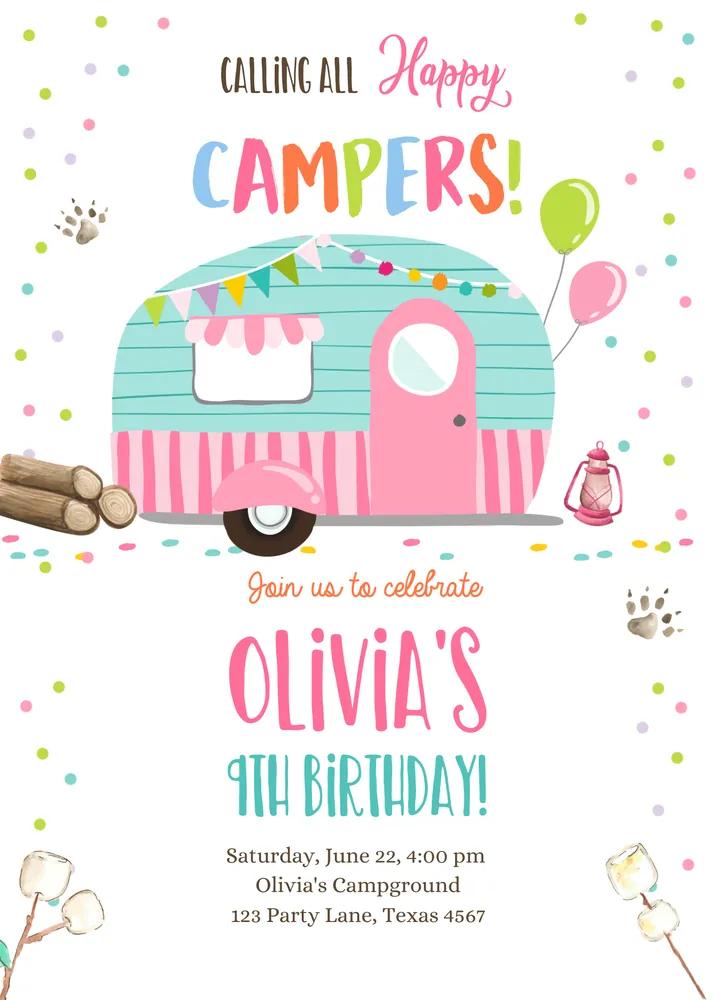 Pink Happy Camper Birthday Invitation | Editable Girl Glamping Canva Template