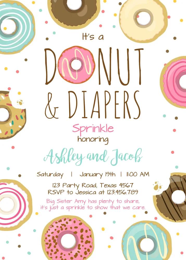 Donut and Diapers Sprinkle Invitation Canva Template Pink Girl Baby Shower