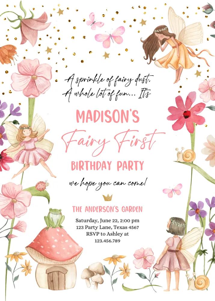 Fairy First Birthday Invitation - Canva Template Fairy Garden 1st Birthday