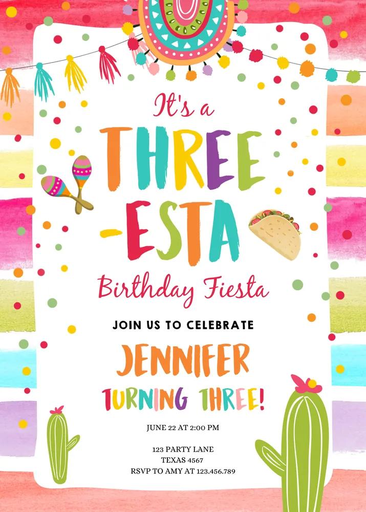 Three-Esta Fiesta 3rd Birthday Invitation | Editable Canva Template Cactus Party