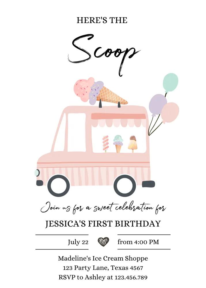 Ice Cream Truck Birthday Invitation Canva Template | Modern Scoop Party Invite