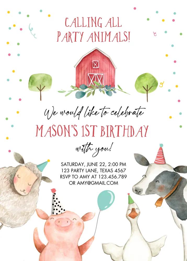 Farm Animals 1st Birthday Invitation | Boy Barnyard Canva Template