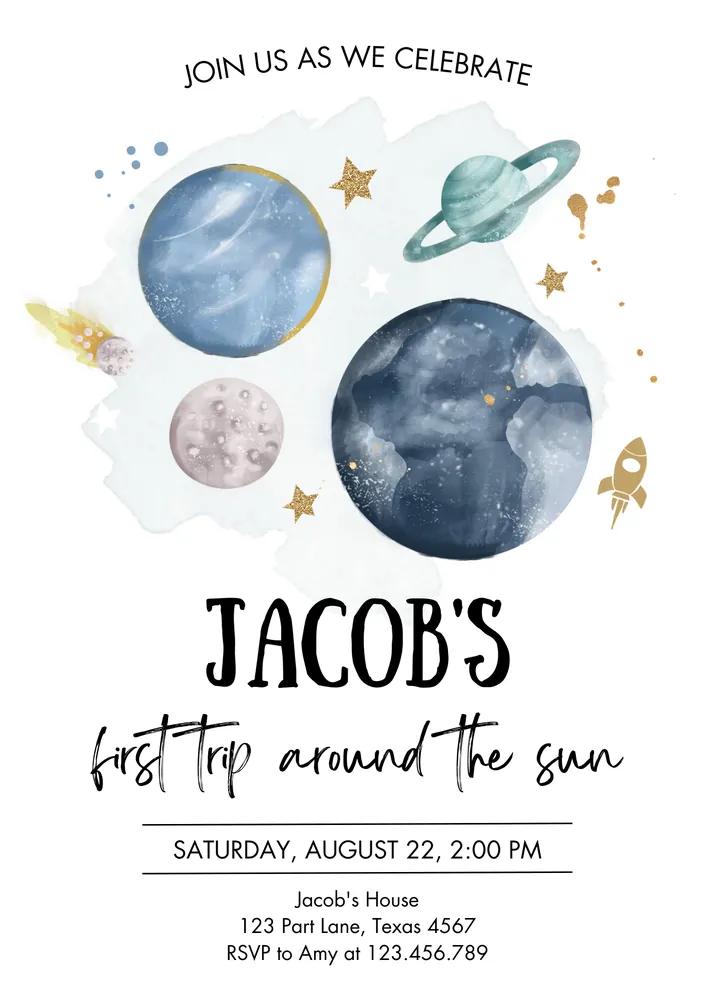 Outer Space First Birthday Invitation Canva Template | Galaxy Blast Off 1st Trip