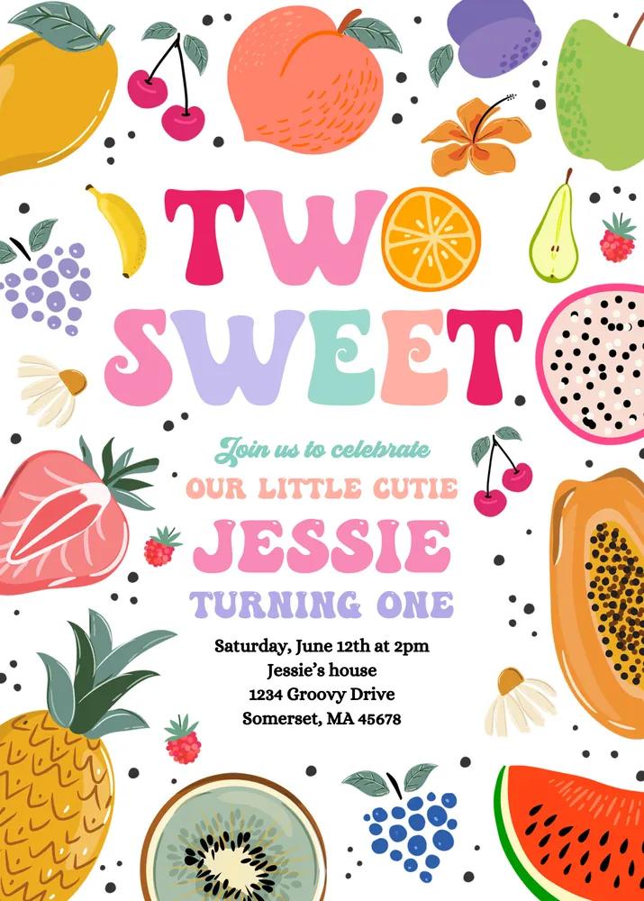Tutti Frutti 2nd Birthday Invitation | Two Sweet Canva Template Summer Pool Party