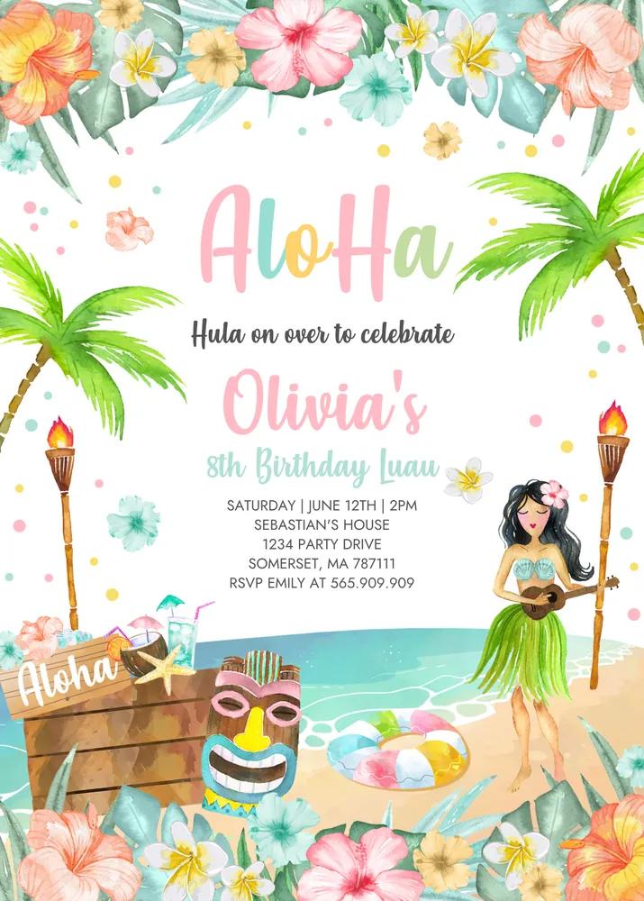 Editable Hawaiian Luau Birthday Invitation Template | Tropical Pool Party Invite