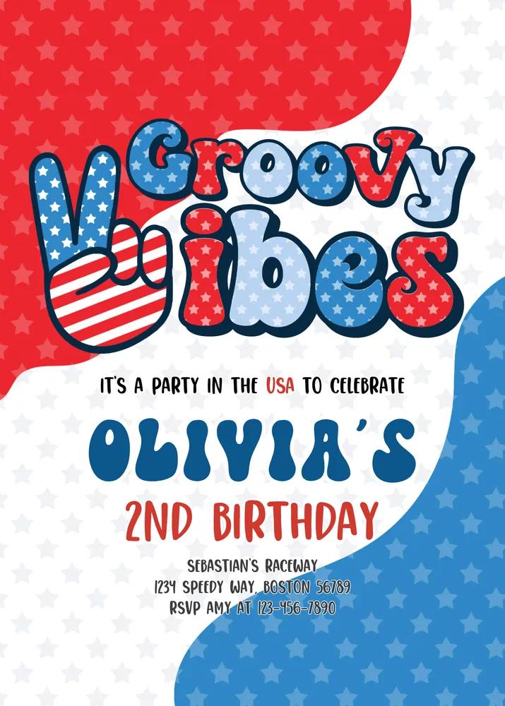 Retro 4th of July Birthday Invitation | Groovy Red White and Blue Canva Template