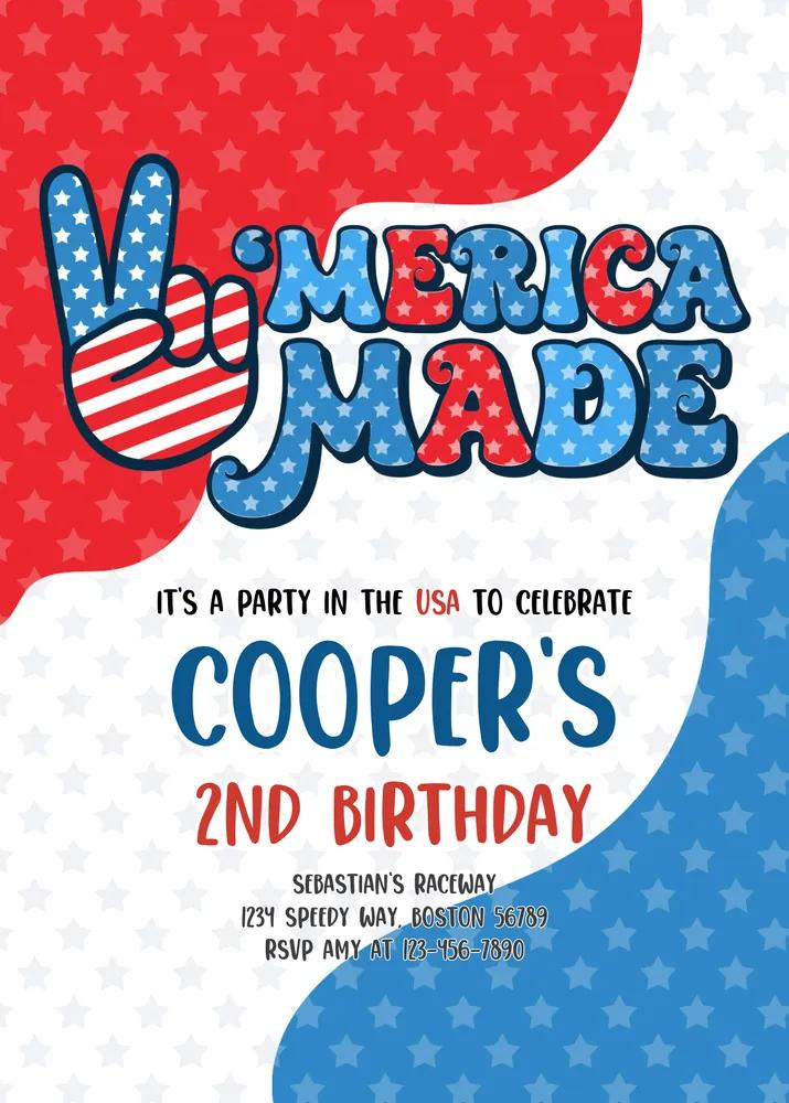 4th of July Birthday Invitation Retro Merica Made Red White Blue Canva Template