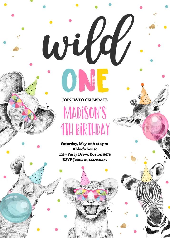 Wild One Birthday Invitation | Pink Gold Safari Animals Canva Template