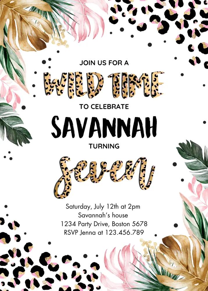 Leopard Print 7th Birthday Invitation - Wild One Jungle Canva Template