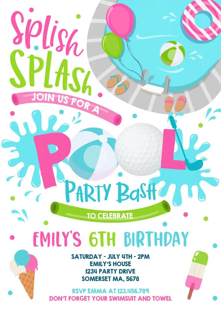 Girl Golf Pool Party Invitation | Editable Canva Template Summer Birthday