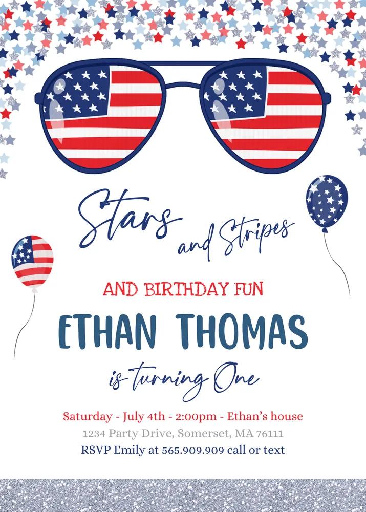 4th of July Birthday Invitation | Editable Canva Template Stars and Stripes