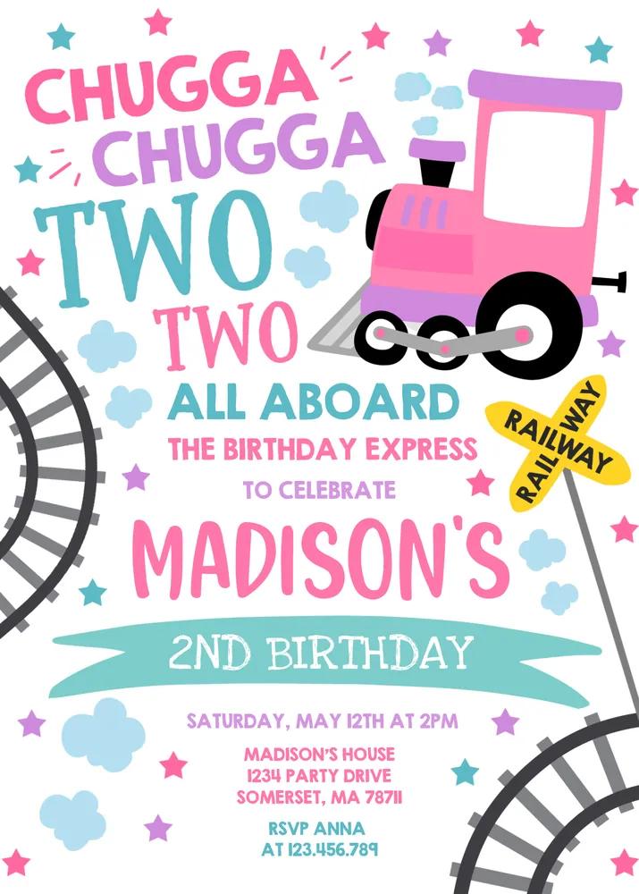 Chugga Chugga Two Two Train Birthday Invitation, Editable Canva Template