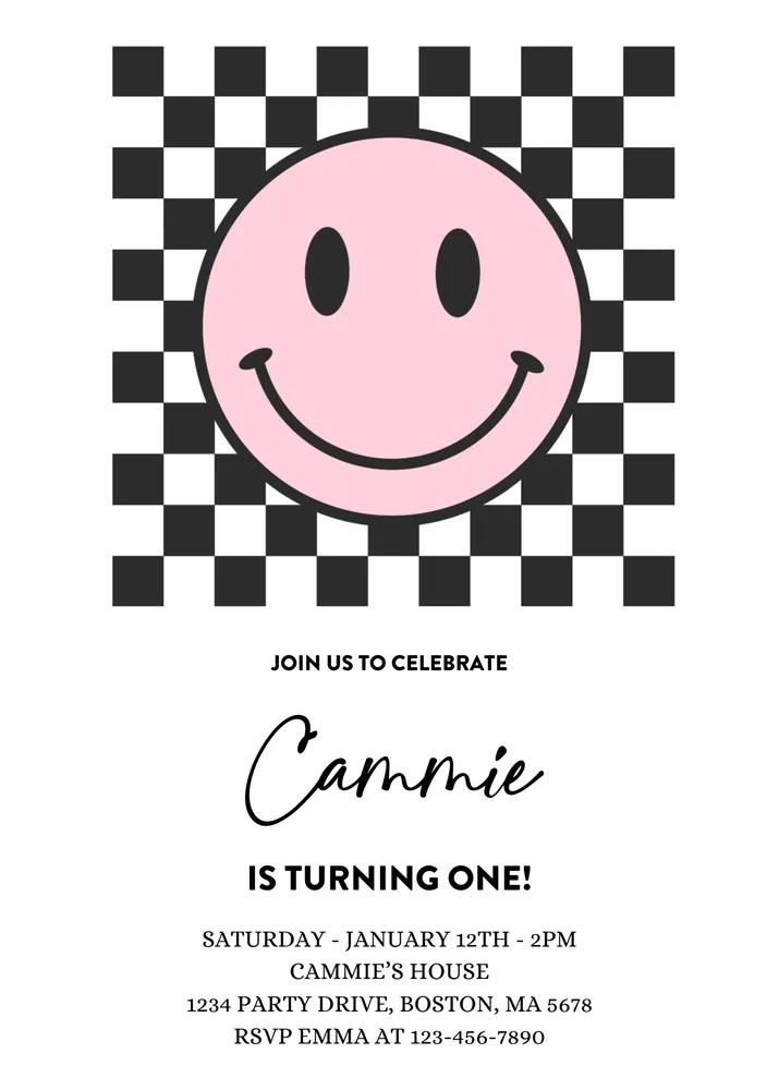 Pink Smiley Face 1st Birthday Invitation | One Happy Girl Canva Template
