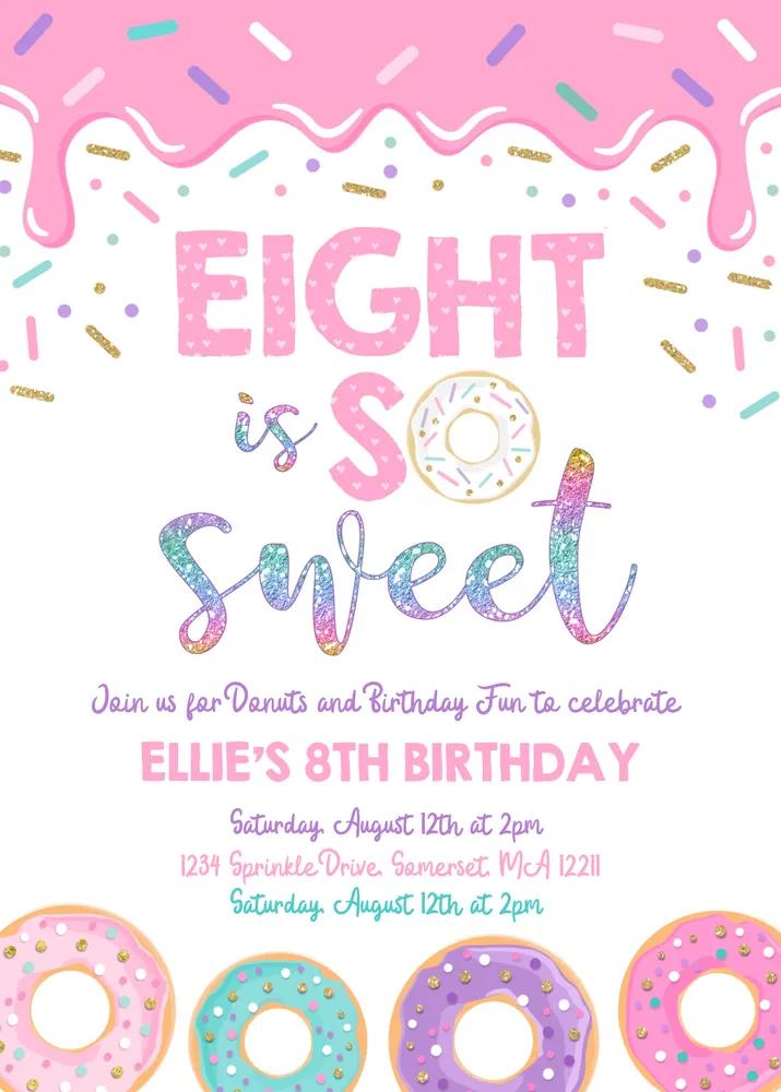 Donut Eight Is Sweet Birthday Invitation | Editable 8th Birthday Canva Template