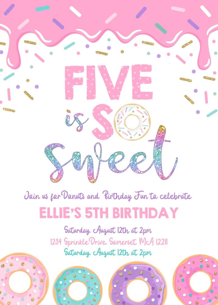 Donut Five Is Sweet 5th Birthday Invitation, Editable Canva Girl Party Template