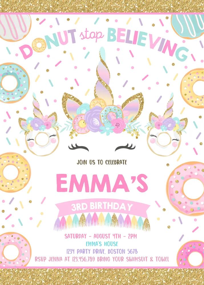 Donut Stop Believing Unicorn Birthday Invitation - Editable Canva Template