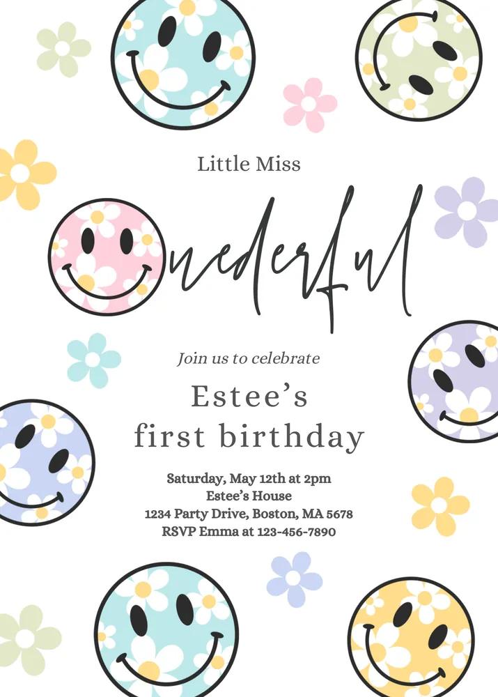 Smiley Daisy Face 1st Birthday Invitation, Editable Little Miss Onederful Canva