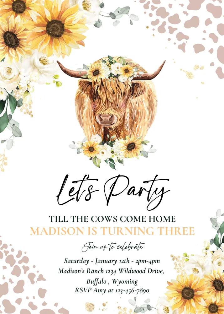 Sunflower Highland Cow Birthday Invitation - Editable Canva Template