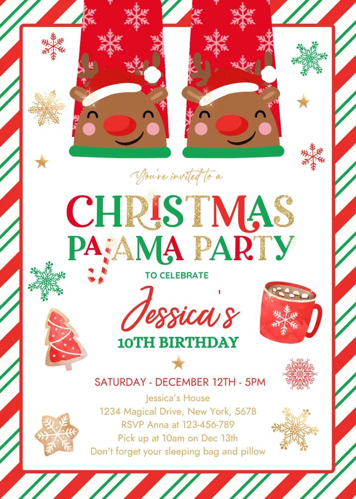 Christmas Pajama Birthday Party Invitation | Red Gold Canva Slumber Party