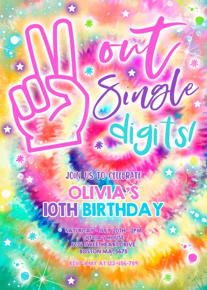 Tie Dye Birthday Party Invitation | Peace Out Single Digits Canva Template