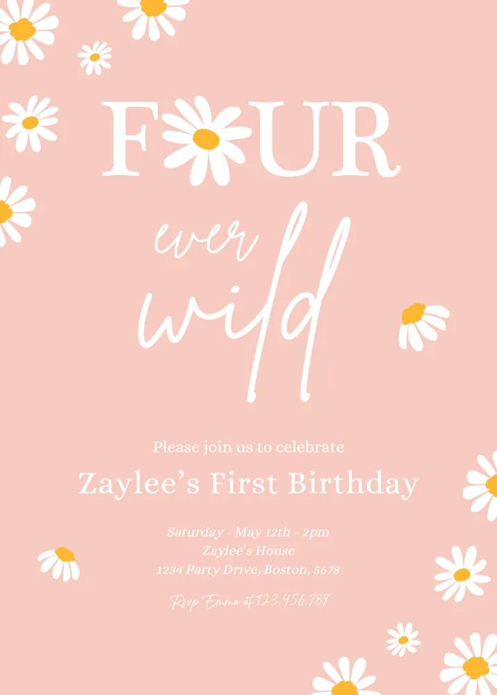 Boho Daisy 4th Birthday Invitation | Editable Canva Template Four Ever Wild