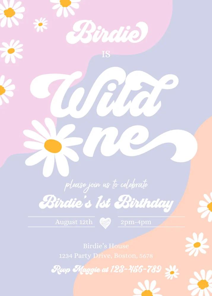 Wild One 1st Birthday Invitation Boho Daisy Canva Template Groovy 70s Floral