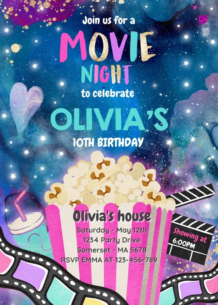 Movie Night Birthday Invitation | Editable Canva Template | Cinema Sleepover