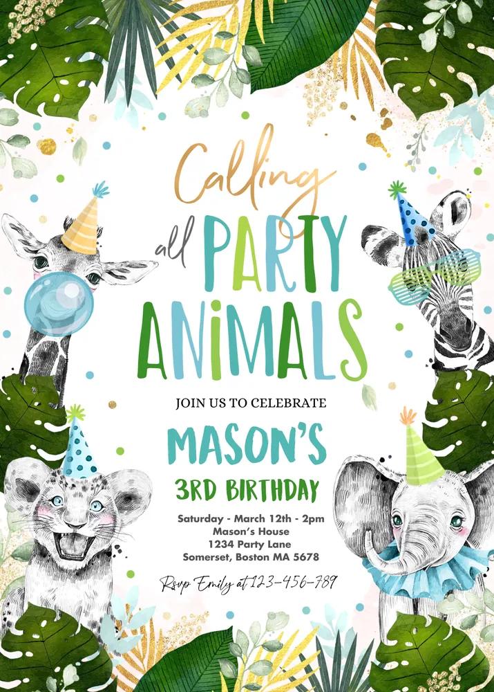 Party Animals Birthday Invitation | Gold Safari Jungle Wild One Canva Template