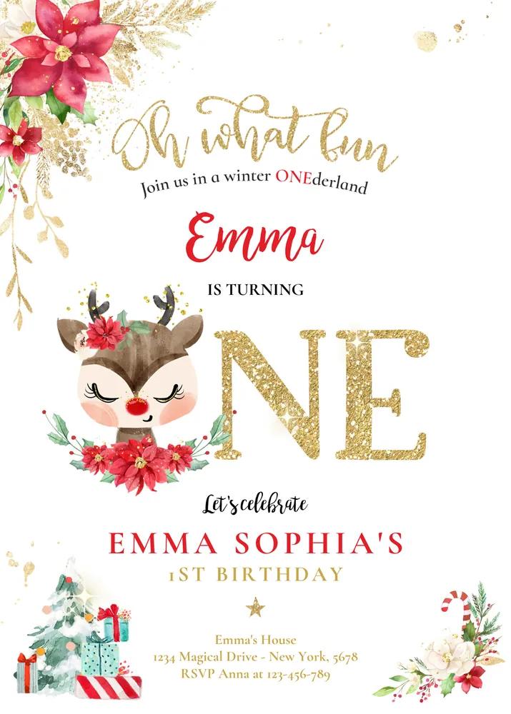 Reindeer Winter ONEderland 1st Birthday Invitation | Canva Template